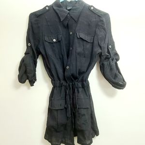 New Directions Boho Black Button Down Drawstring Waist Top Size M